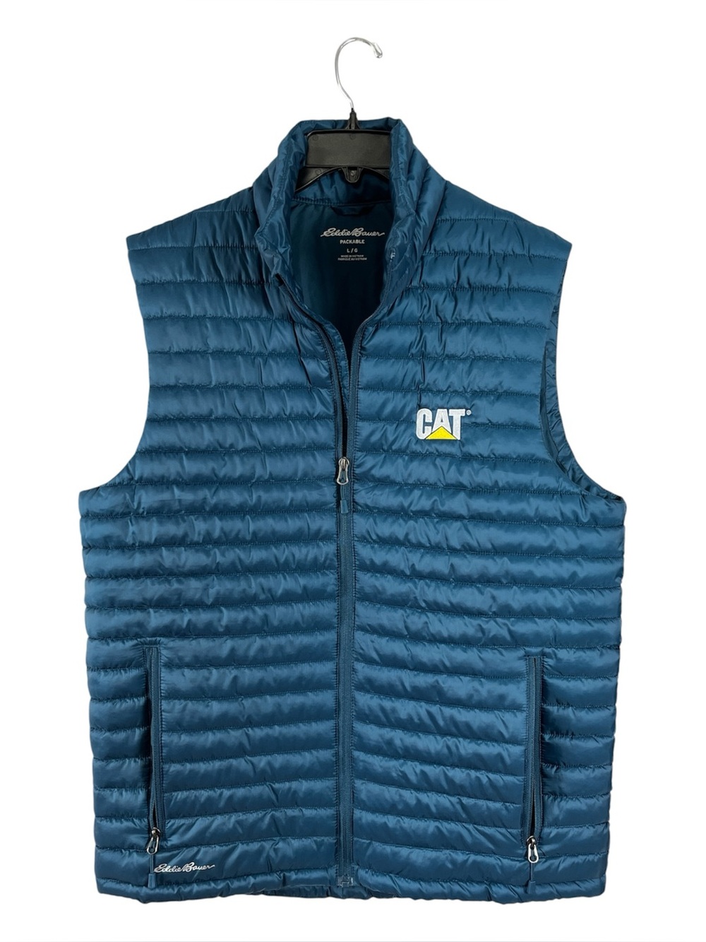Eddie Bauer Men's L CAT Caterpillar Packable Quilted Puffer Vest Blue Like New